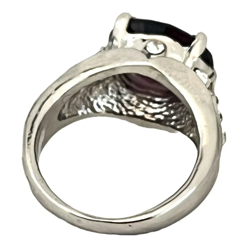 Vintage 1980s Cocktail Ring Purple Glass Rhinestone Silver Tone - 5K